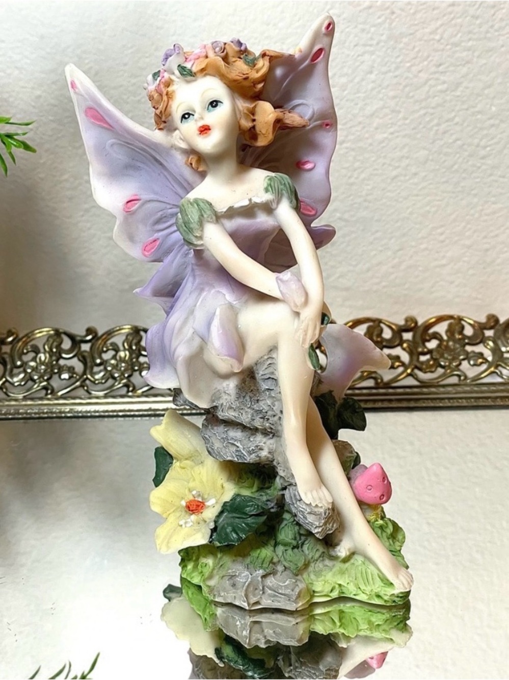 Red Haired Purple Fairy Resin Figurine. Woodsy Setting. Fantasy | EUC
